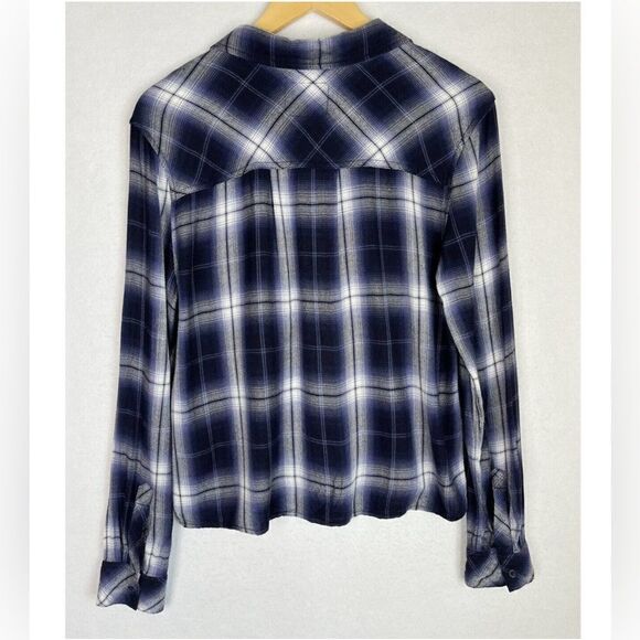 Rails Dylan Oxford Navy Blue White Plaid Button Long Sleeve Crop Flannel… - Picture 2 of 6
